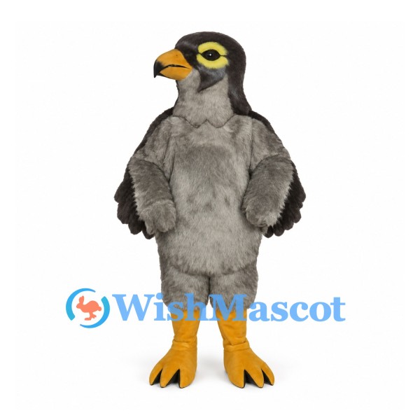 Falcon Mascot Costume in Gray with Yellow Eye Markings