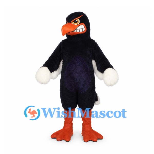 Crow Mascot Costume in Black with Orange Beak and Fierce Expression