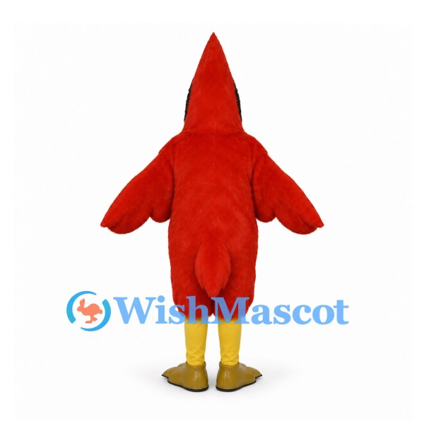 Cardinal Mascot Costume in Red with Tall Crest and Yellow Beak