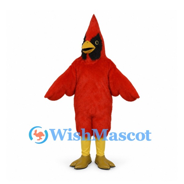 Cardinal Mascot Costume in Red with Tall Crest and Yellow Beak
