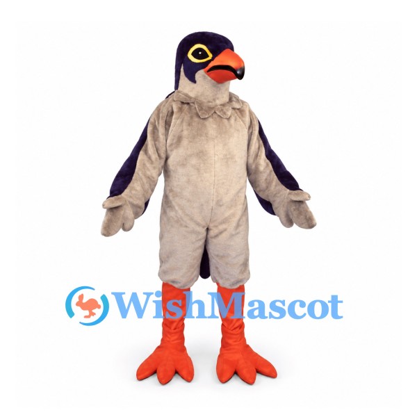 Falcon Mascot Costume in Gray and Purple with Orange Beak