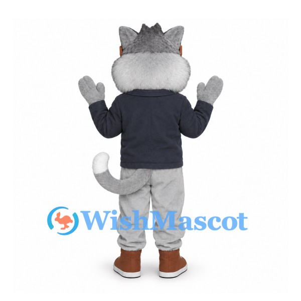 Cat Mascot Costume in Gray with Dark Jacket and Orange Goggles