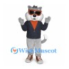 Cat Mascot Costume in Gray with Dark Jacket and Orange Goggles