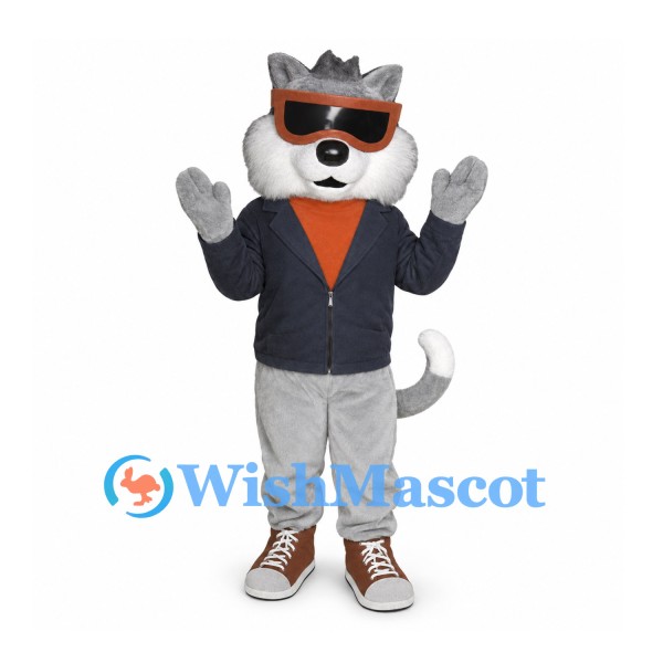 Cat Mascot Costume in Gray with Dark Jacket and Orange Goggles