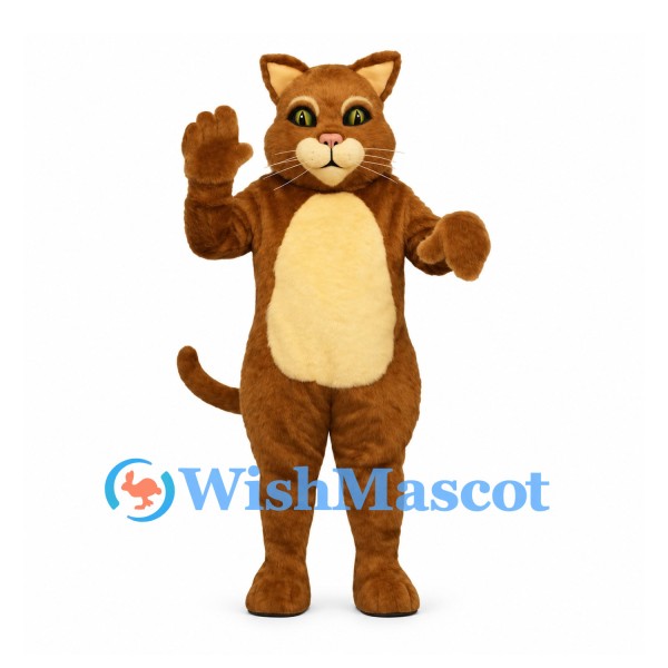 Cat Mascot Costume in Brown with Cream Belly and Green Eyes