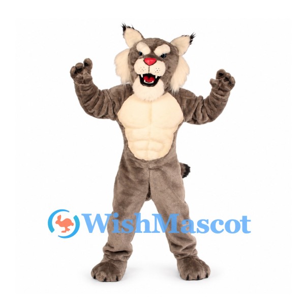 Lynx Mascot Costume in Gray with Muscular Chest and Tufted Ears