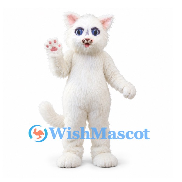 Cat Mascot Costume in White with Blue Eyes and Fluffy Tail