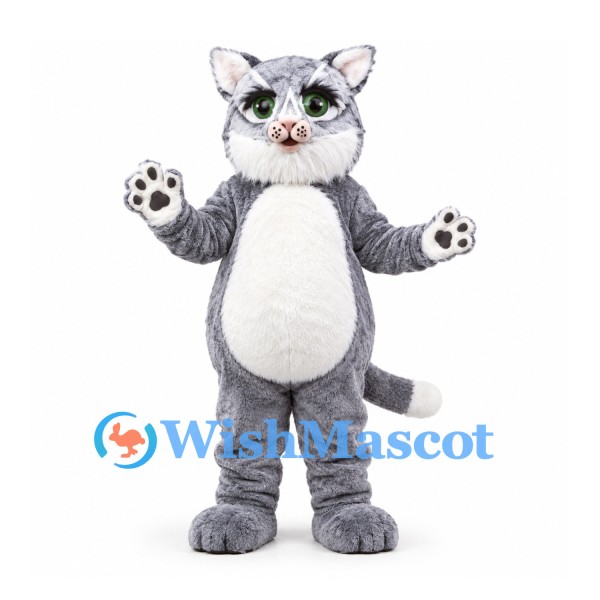 Cat Mascot Costume in Gray with White Belly and Paw Pads
