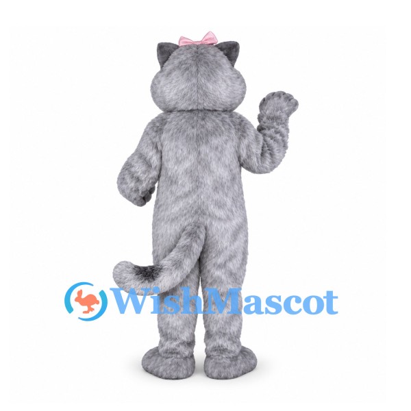 Cat Mascot Costume in Gray with Pink Bow and Blue Eyes