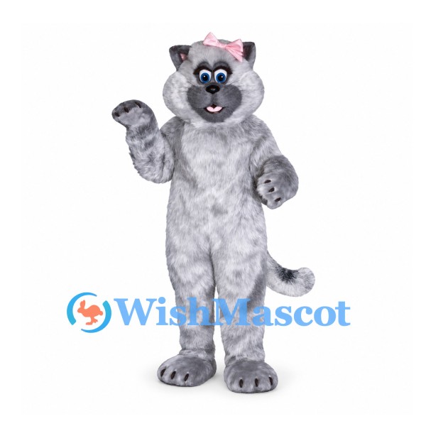 Cat Mascot Costume in Gray with Pink Bow and Blue Eyes
