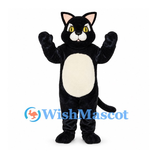 Cat Mascot Costume in Black with Cream Belly and Yellow Eyes
