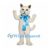 Cat Mascot Costume in White with Large Blue Ribbon