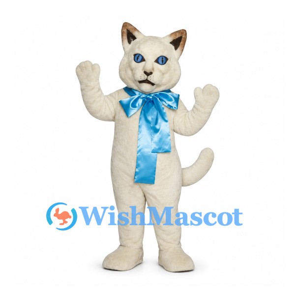 Cat Mascot Costume in White with Large Blue Ribbon