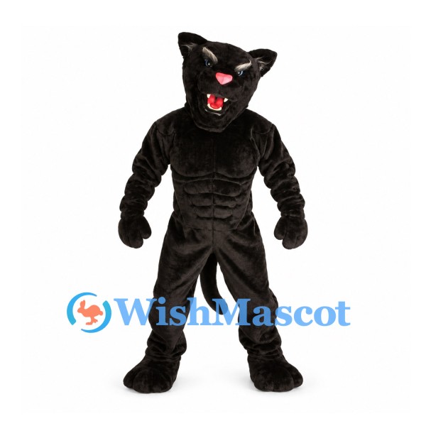 Panther Mascot Costume in Black with Muscular Body and White Fangs