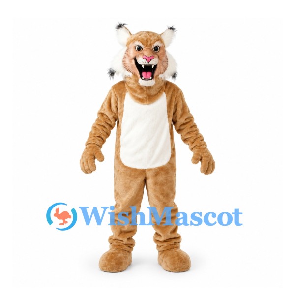 Lynx Mascot Costume in Tan with White Belly and Tufted Ears
