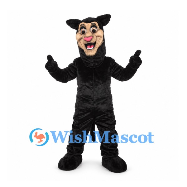 Panther Mascot Costume in Black with Tan Face and Open Mouth