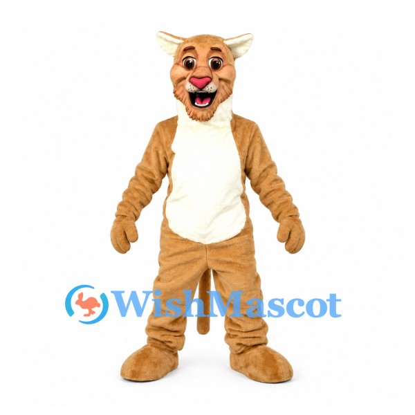 Cougar Mascot Costume in Tan with White Belly and Pointed Ears