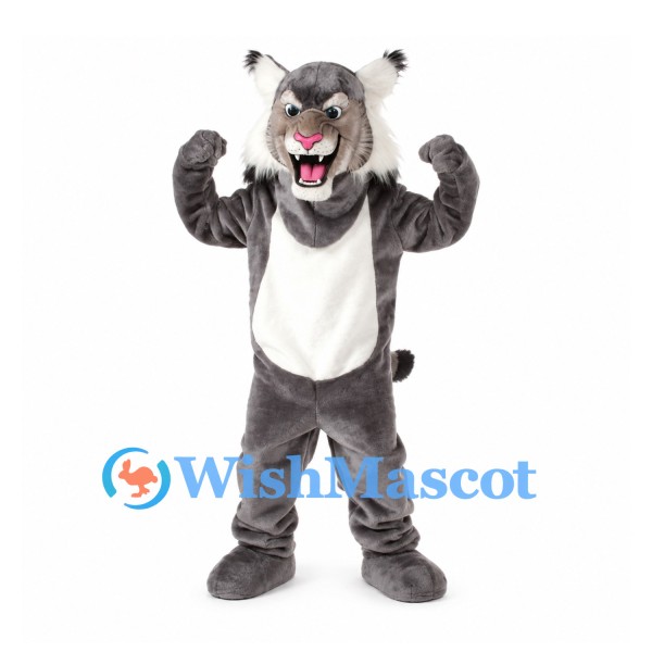 Lynx Mascot Costume in Gray with White Belly and Tufted Ears