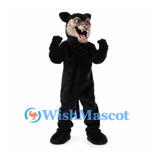 Panther Mascot Costume in Black with Open Mouth and Cream Muzzle