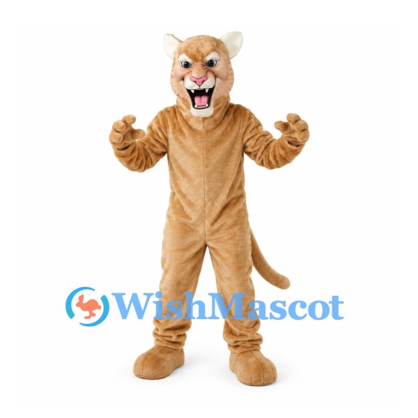 Cougar Mascot Costume in Tan with White Fangs and Long Tail
