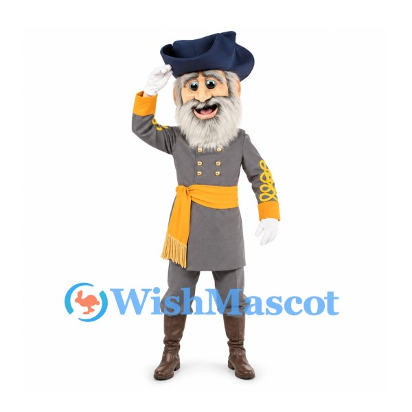Captain Mascot Costume with Gray Beard and Blue Tricorn Hat