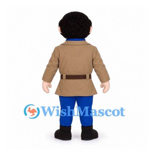 Man Mascot Costume with Brown Jacket and Blue Neck Scarf