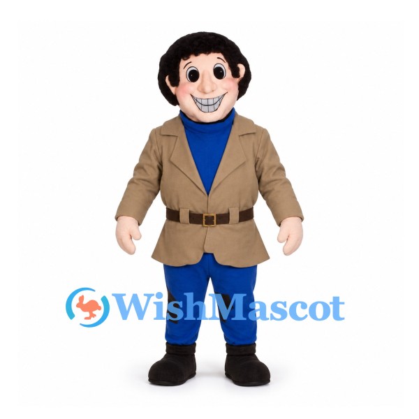 Man Mascot Costume with Brown Jacket and Blue Neck Scarf