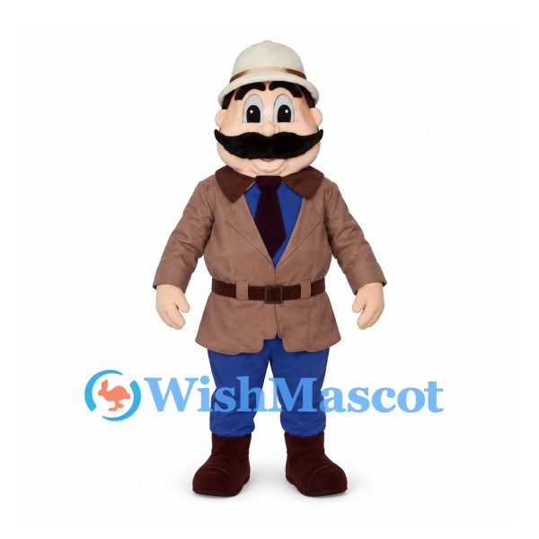 Explorer Mascot Costume with Tan Hat and Brown Jacket