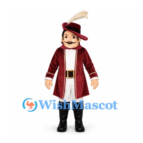 Musketeer Mascot Costume with Burgundy Coat and Feathered Hat