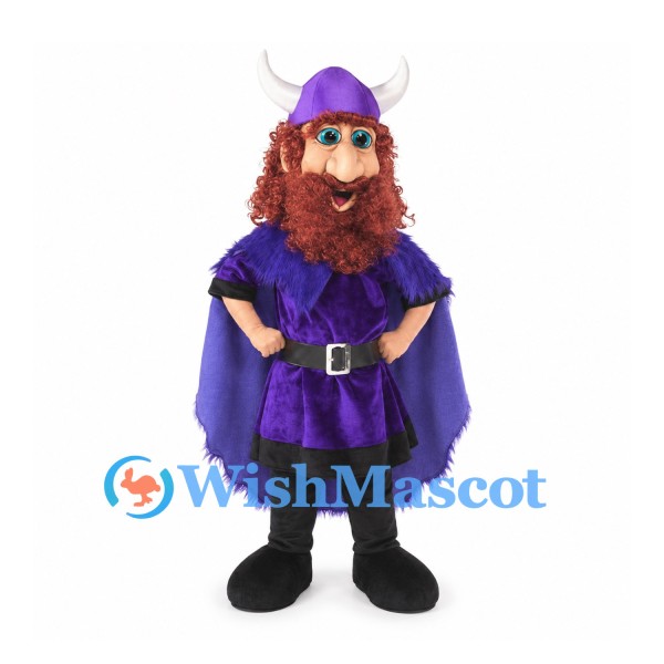 Viking Mascot Costume with Purple Cape and Curly Red Beard