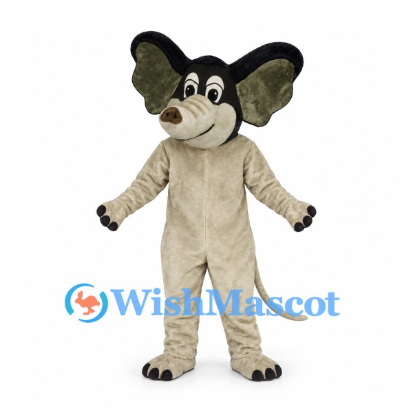 Rat Mascot Costume in Cream with Large Dark Ears and Long Tail