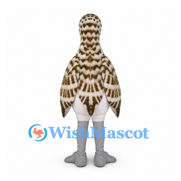 Shorebird Mascot Costume with Brown Patterned Wings and Long Gray Beak