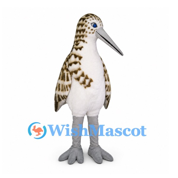 Shorebird Mascot Costume with Brown Patterned Wings and Long Gray Beak