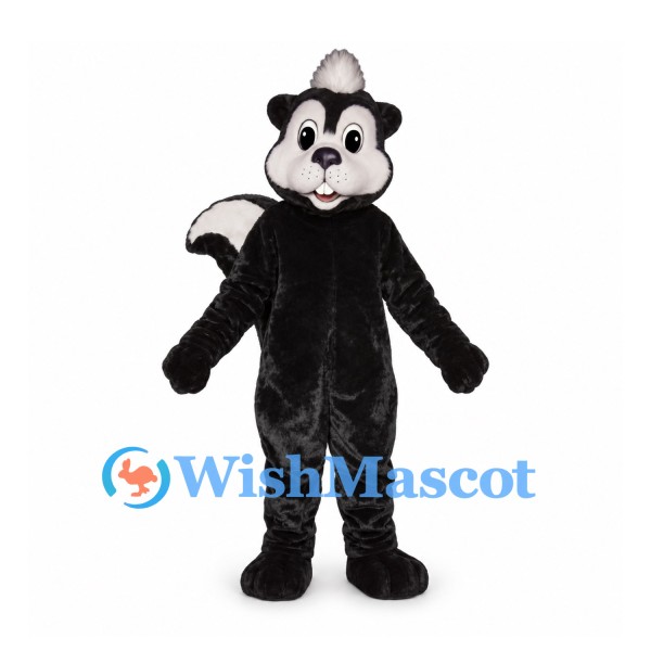Skunk Mascot Costume in Black with White Face and Bushy Tail