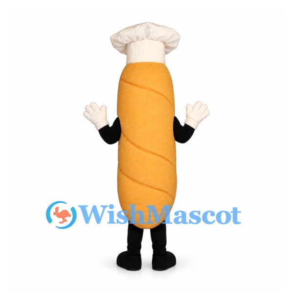 Baguette Mascot Costume with White Chef Hat and Smiling Face