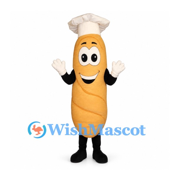 Baguette Mascot Costume with White Chef Hat and Smiling Face