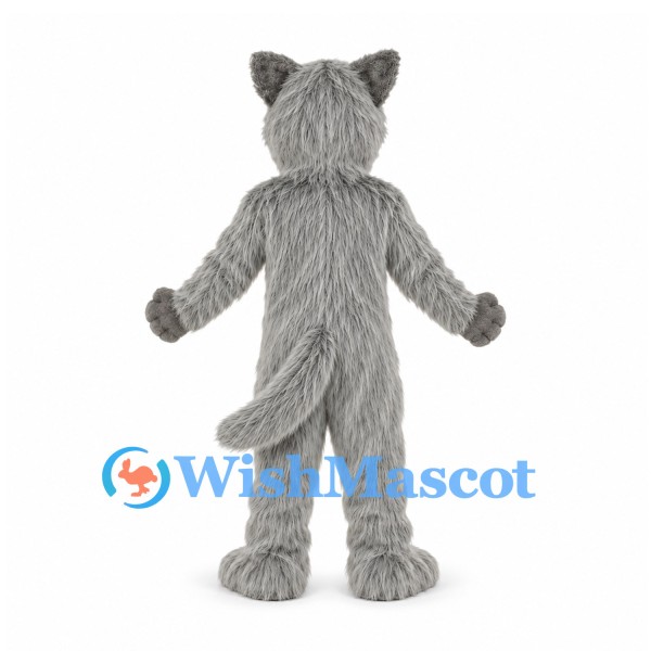 Wolf Mascot Costume in Gray with Long Fur and Pink Tongue