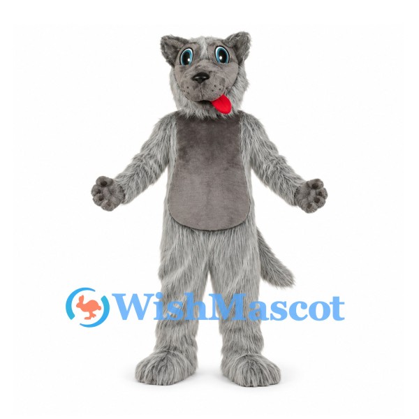 Wolf Mascot Costume in Gray with Long Fur and Pink Tongue