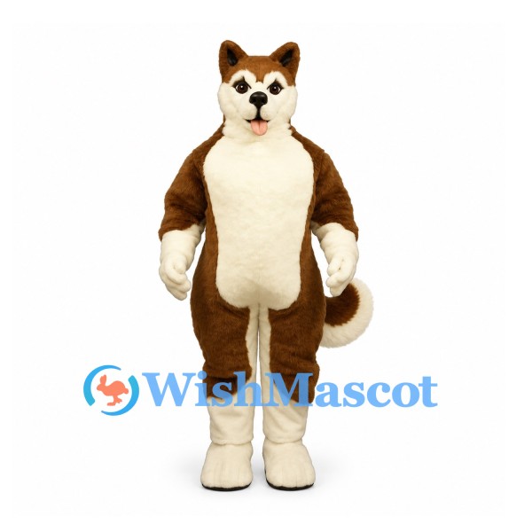 Husky Dog Mascot Costume in Brown and White with Curled Tail