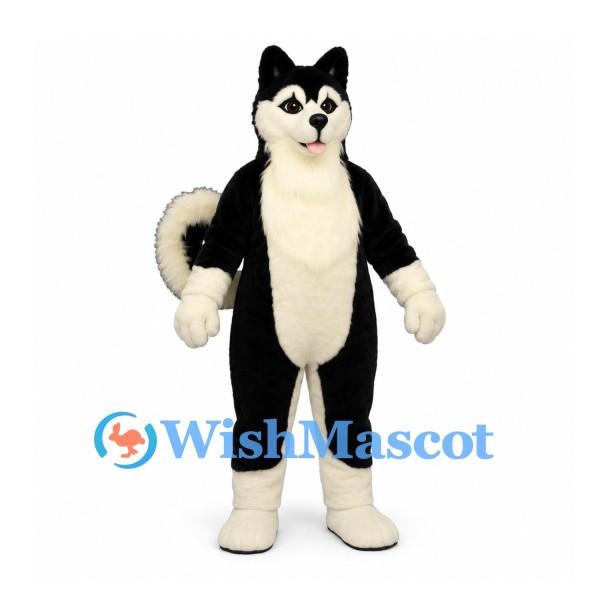 Husky Dog Mascot Costume in Black and White with Curled Tail