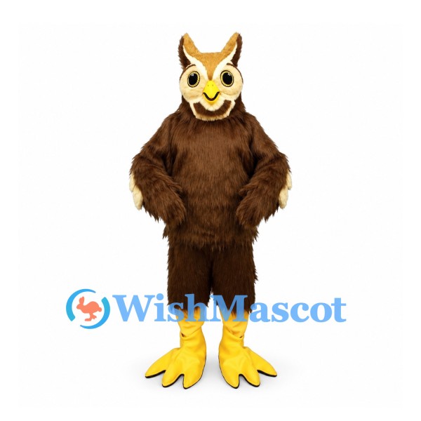 Owl Mascot Costume in Brown with Gold Face and Yellow Feet
