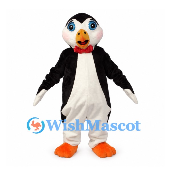 Penguin Mascot Costume in Black and White with Red Bow Tie