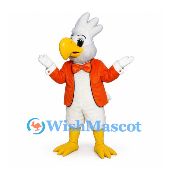 Cockatoo Mascot Costume in White with Orange Jacket and Bow Tie