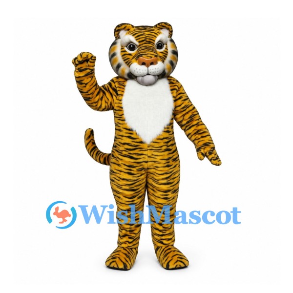 Tiger Mascot Costume in Gold with Fine Black Stripes and White Belly