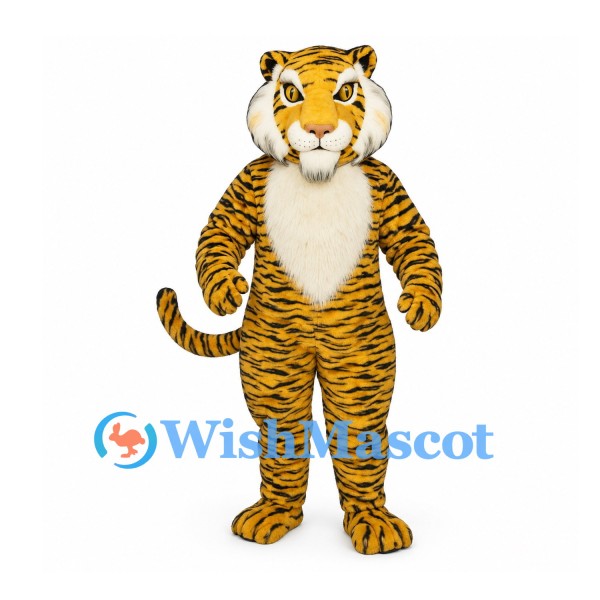 Tiger Mascot Costume in Gold with White Cheeks and Long Tail