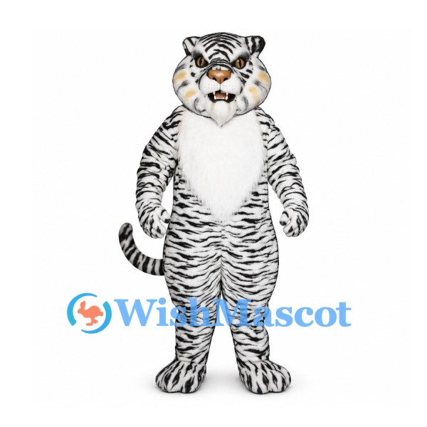 Tiger Mascot Costume in White with Black Stripes and Blue Eyes