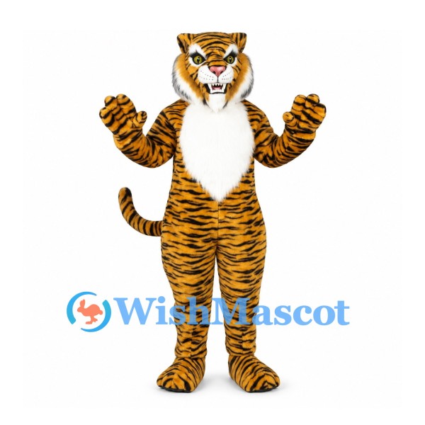 Tiger Mascot Costume with Gold Stripes and White Chest Fur
