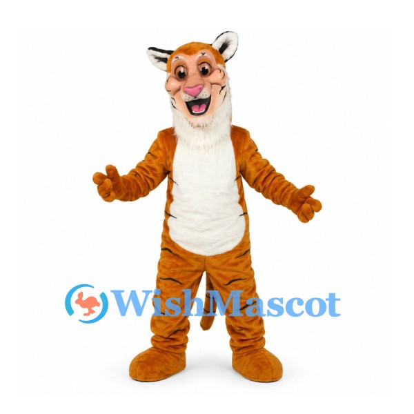 Tiger Mascot Costume in Orange with Narrow Stripes and White Belly