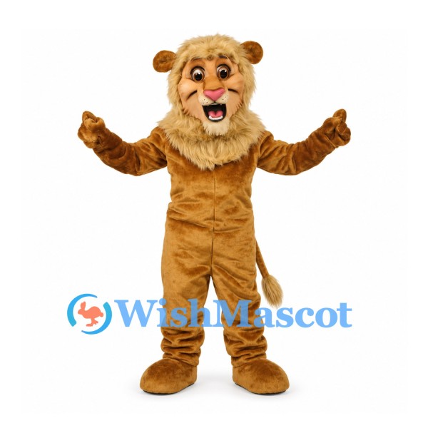 Lion Mascot Costume in Gold with Shaggy Mane and Open Mouth