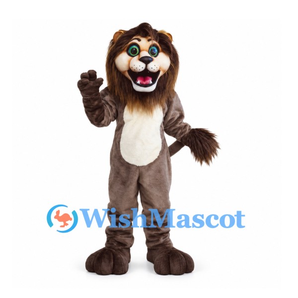 Lion Mascot Costume in Dark Brown with Blue Eyes and Long Mane